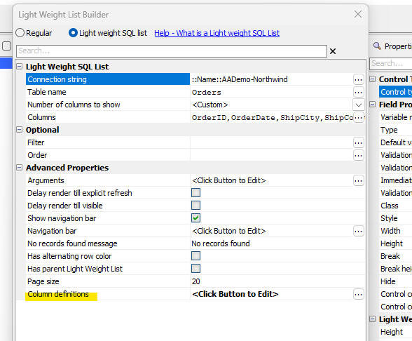 Column definition dialog showing configured columns